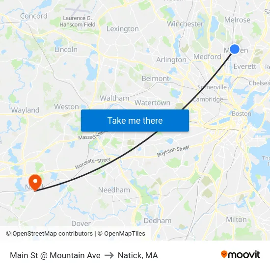 Main St @ Mountain Ave to Natick, MA map
