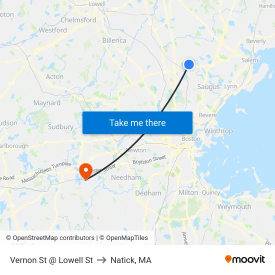 Vernon St @ Lowell St to Natick, MA map