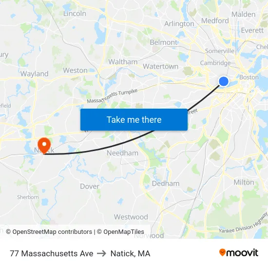 77 Massachusetts Ave to Natick, MA map