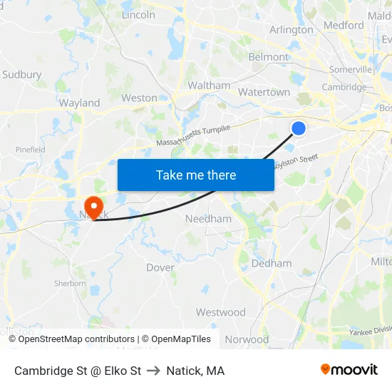 Cambridge St @ Elko St to Natick, MA map