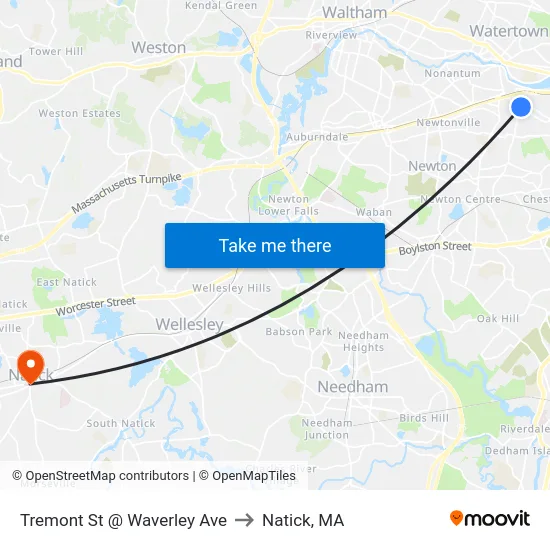 Tremont St @ Waverley Ave to Natick, MA map