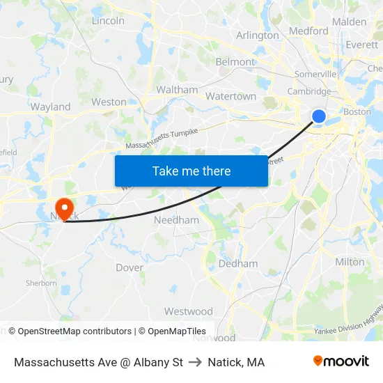 Massachusetts Ave @ Albany St to Natick, MA map