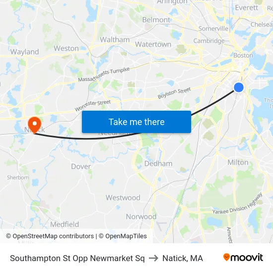 Southampton St Opp Newmarket Sq to Natick, MA map