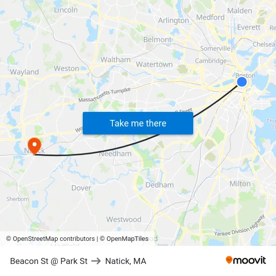 Beacon St @ Park St to Natick, MA map