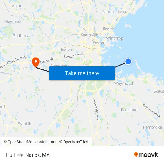 Hull to Natick, MA map