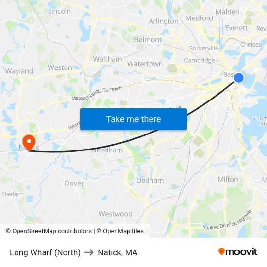 Long Wharf (North) to Natick, MA map