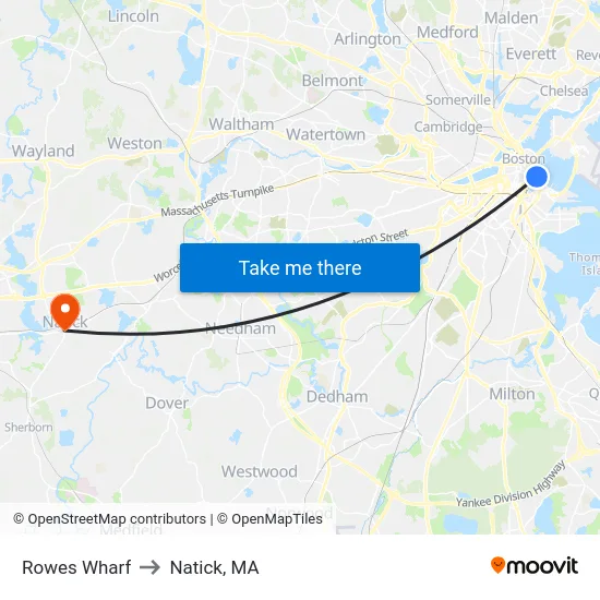 Rowes Wharf to Natick, MA map