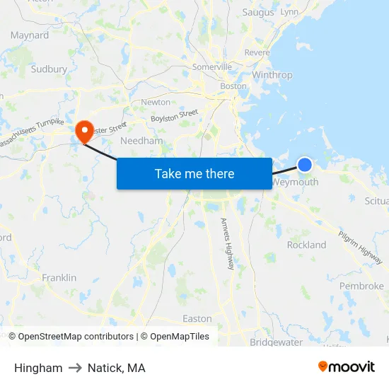 Hingham to Natick, MA map
