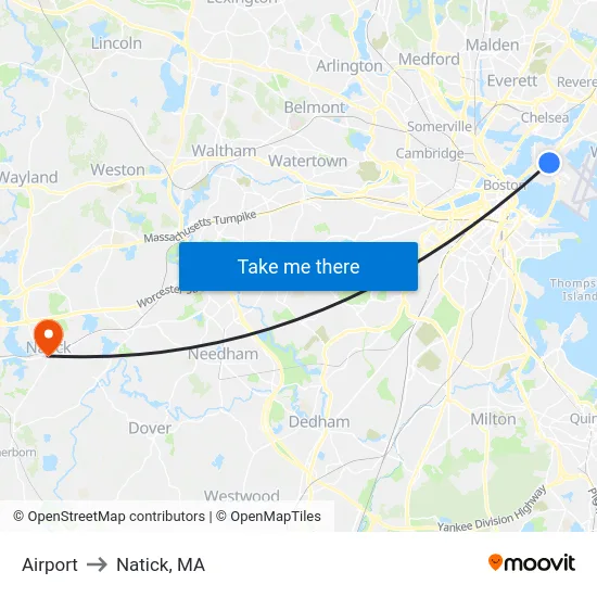 Airport to Natick, MA map