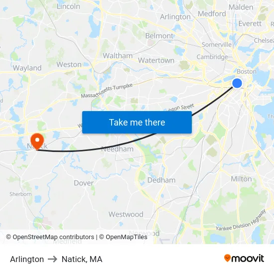 Arlington to Natick, MA map