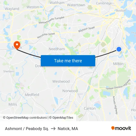 Ashmont / Peabody Sq. to Natick, MA map