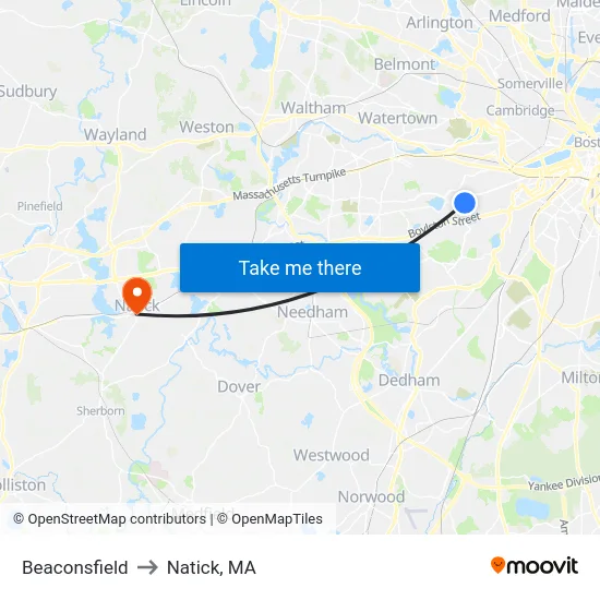 Beaconsfield to Natick, MA map