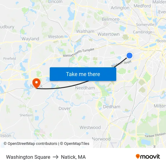 Washington Square to Natick, MA map