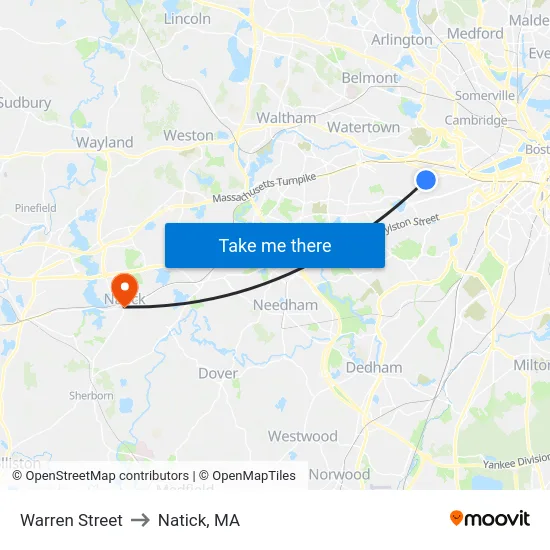 Warren Street to Natick, MA map