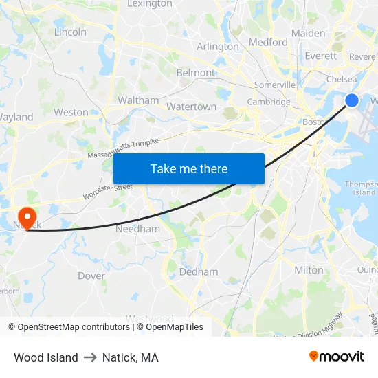 Wood Island to Natick, MA map