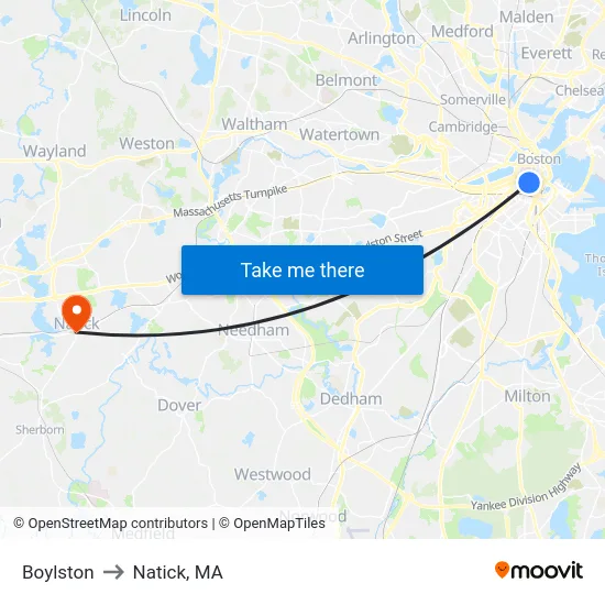 Boylston to Natick, MA map
