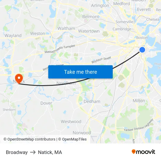 Broadway to Natick, MA map
