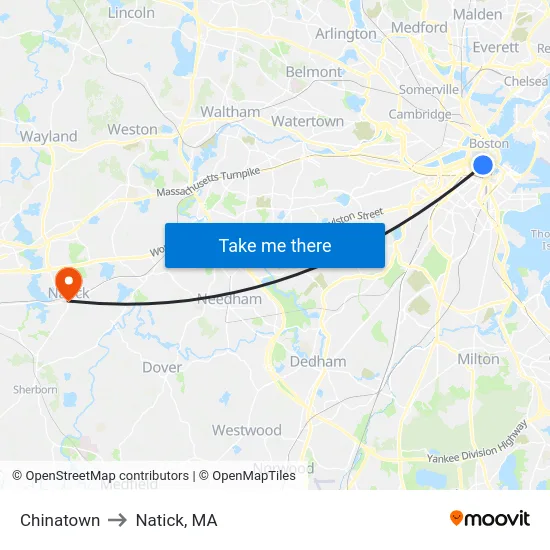 Chinatown to Natick, MA map