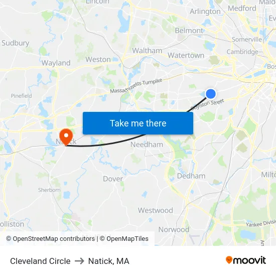 Cleveland Circle to Natick, MA map