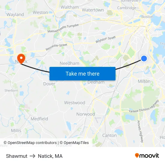 Shawmut to Natick, MA map