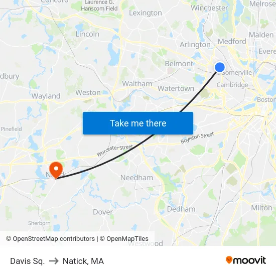 Davis Sq. to Natick, MA map