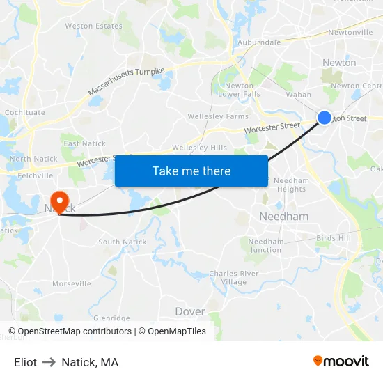Eliot to Natick, MA map
