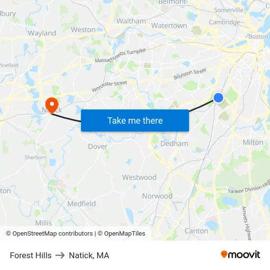 Forest Hills to Natick, MA map