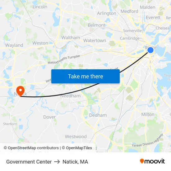 Government Center to Natick, MA map