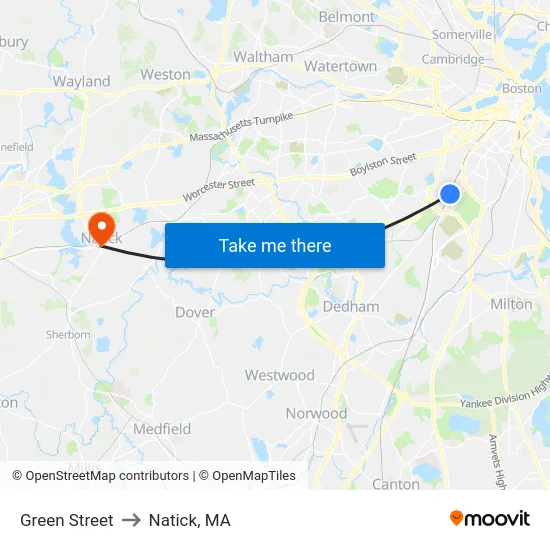 Green Street to Natick, MA map