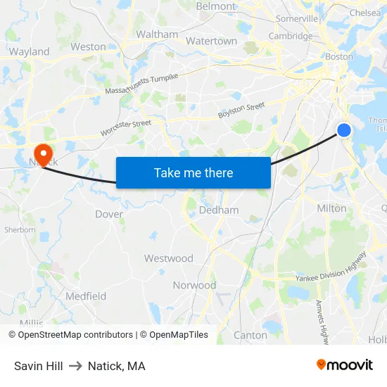 Savin Hill to Natick, MA map