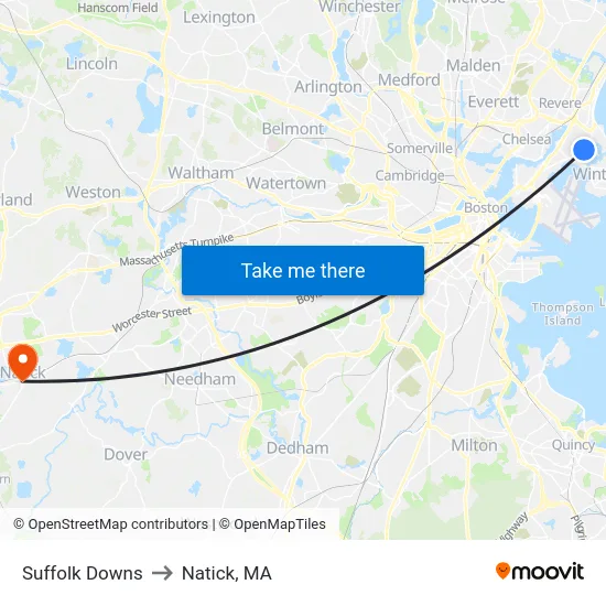 Suffolk Downs to Natick, MA map
