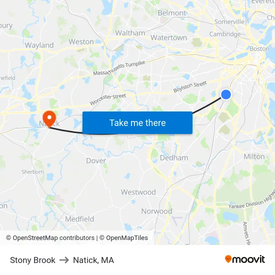 Stony Brook to Natick, MA map