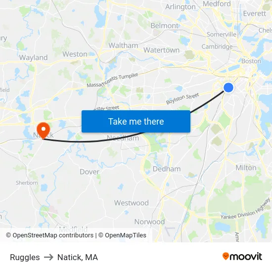 Ruggles to Natick, MA map