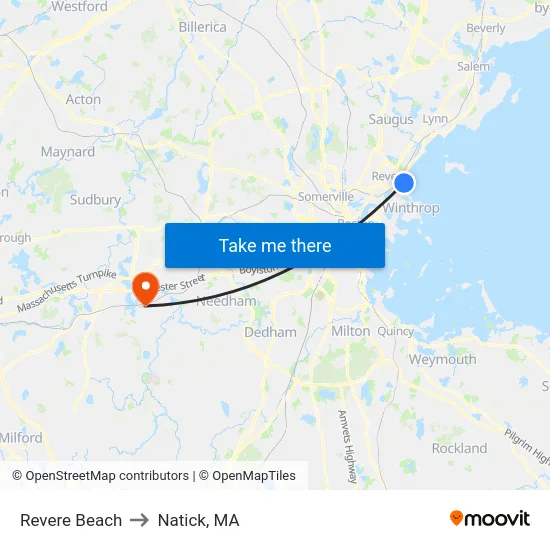 Revere Beach to Natick, MA map
