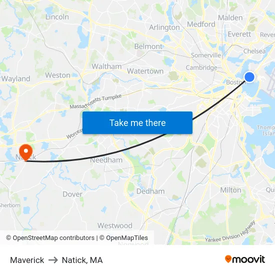 Maverick to Natick, MA map