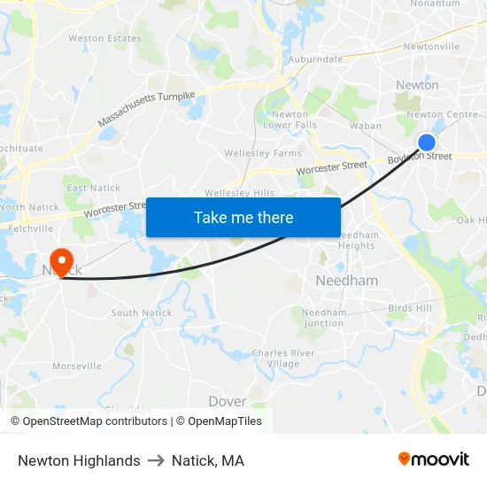 Newton Highlands to Natick, MA map