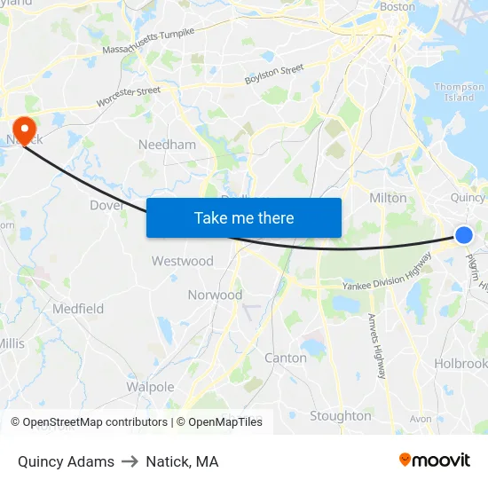 Quincy Adams to Natick, MA map