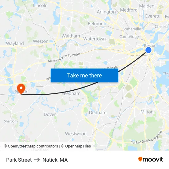 Park Street to Natick, MA map