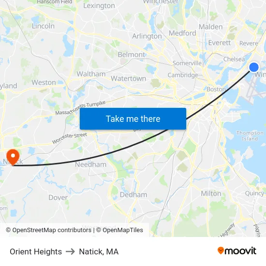 Orient Heights to Natick, MA map