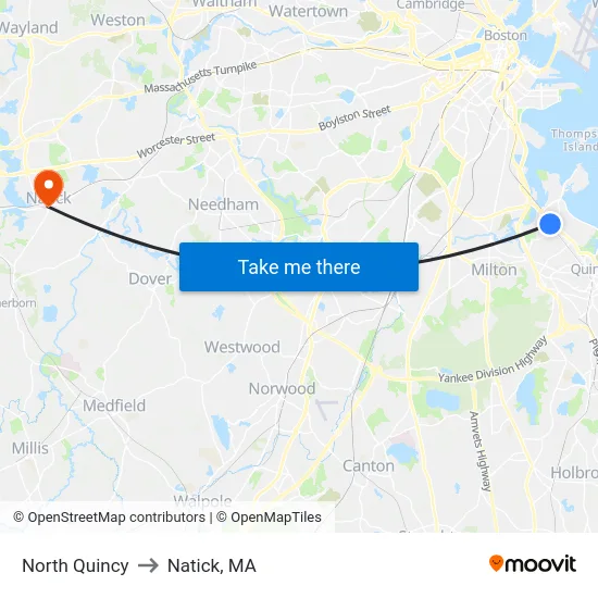 North Quincy to Natick, MA map