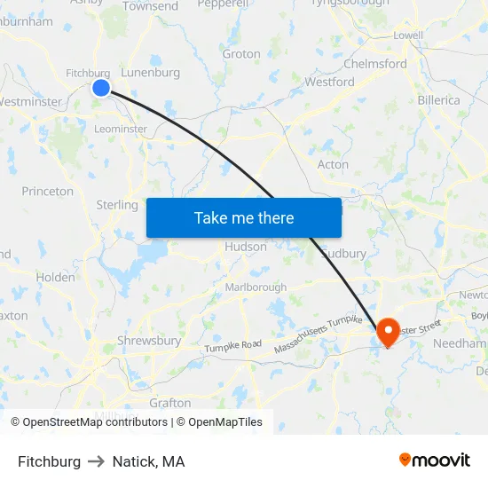 Fitchburg to Natick, MA map