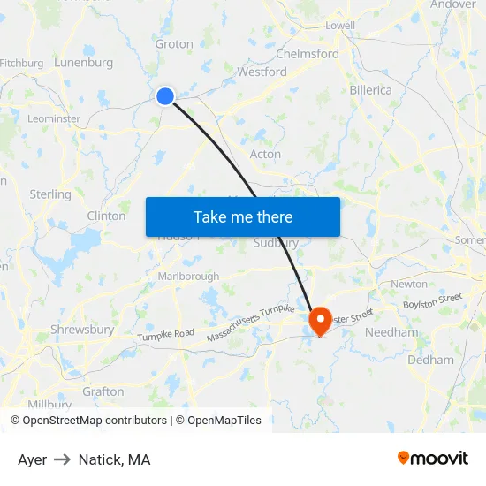 Ayer to Natick, MA map