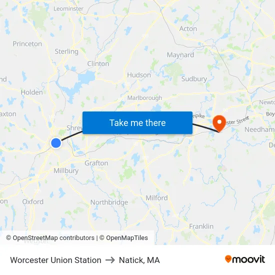 Worcester Union Station to Natick, MA map