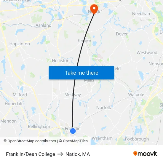Franklin/Dean College to Natick, MA map