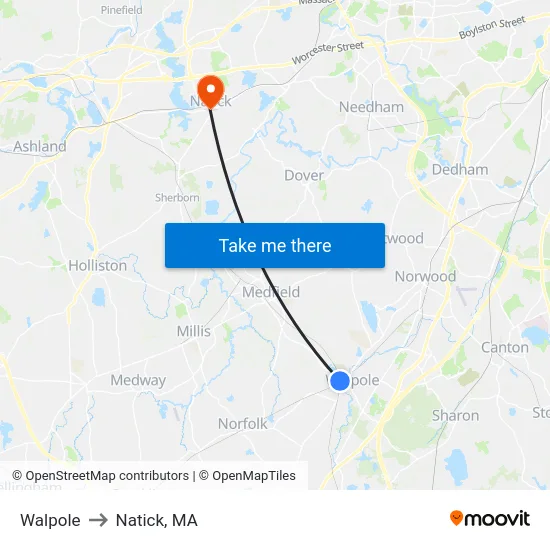 Walpole to Natick, MA map