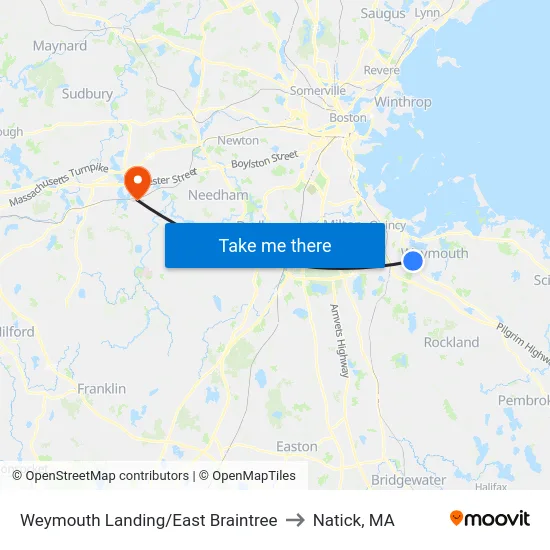 Weymouth Landing/East Braintree to Natick, MA map