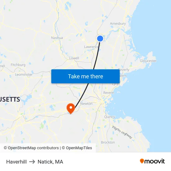 Haverhill to Natick, MA map