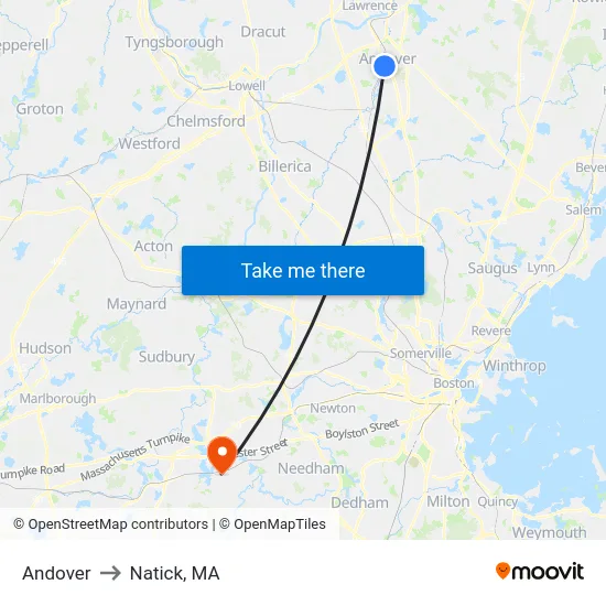 Andover to Natick, MA map