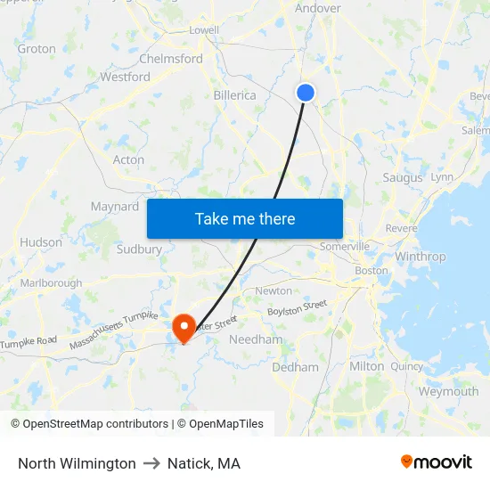 North Wilmington to Natick, MA map