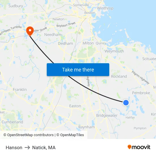 Hanson to Natick, MA map